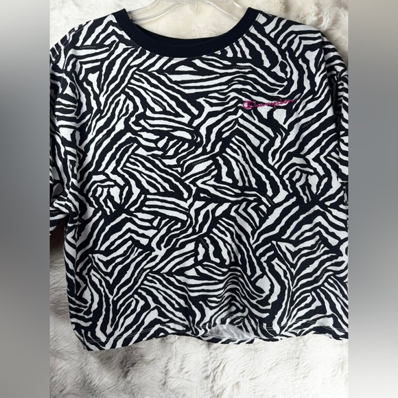 Champion Tops - Champion Black & White Zebra Crewneck with Pink Logo Embroidery